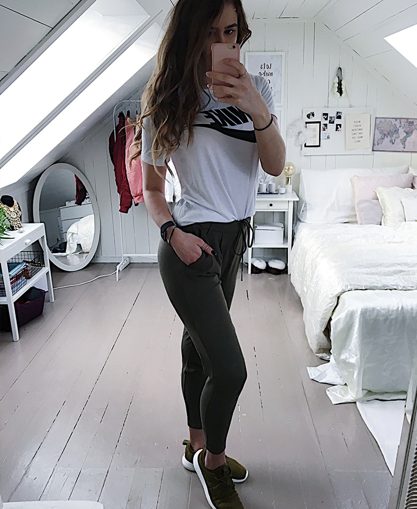 Malin Pettersen in green joggers and Nike Roshe Two