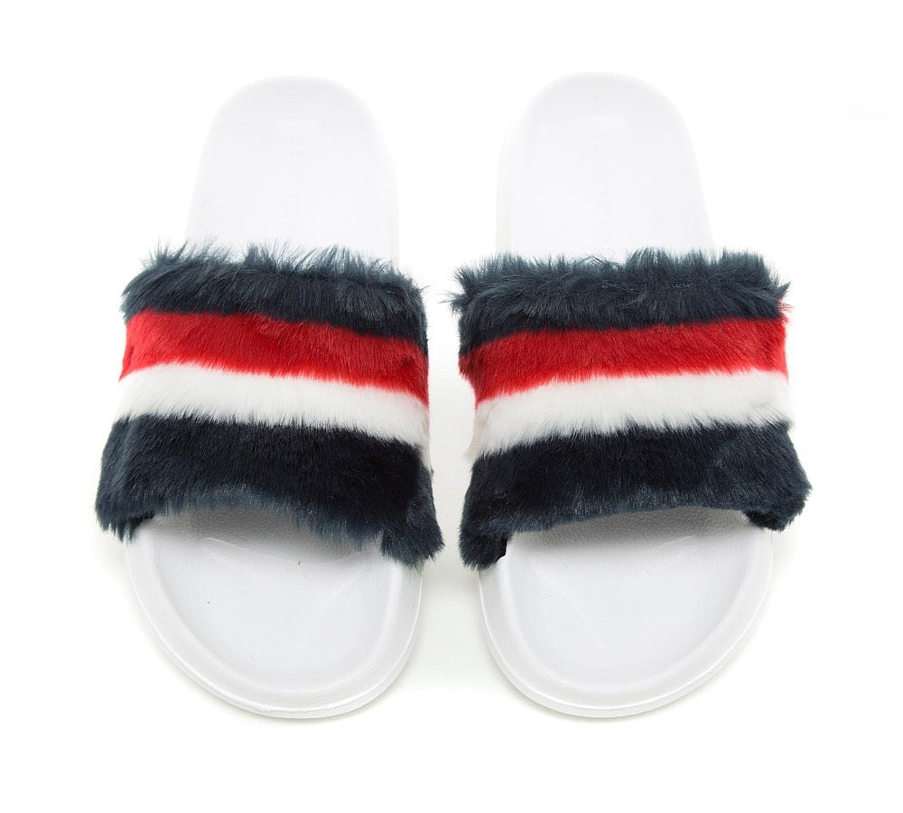 Tommy Hilfiger Womens Mae Fur Slides | White / Red / Blue | Footasylum