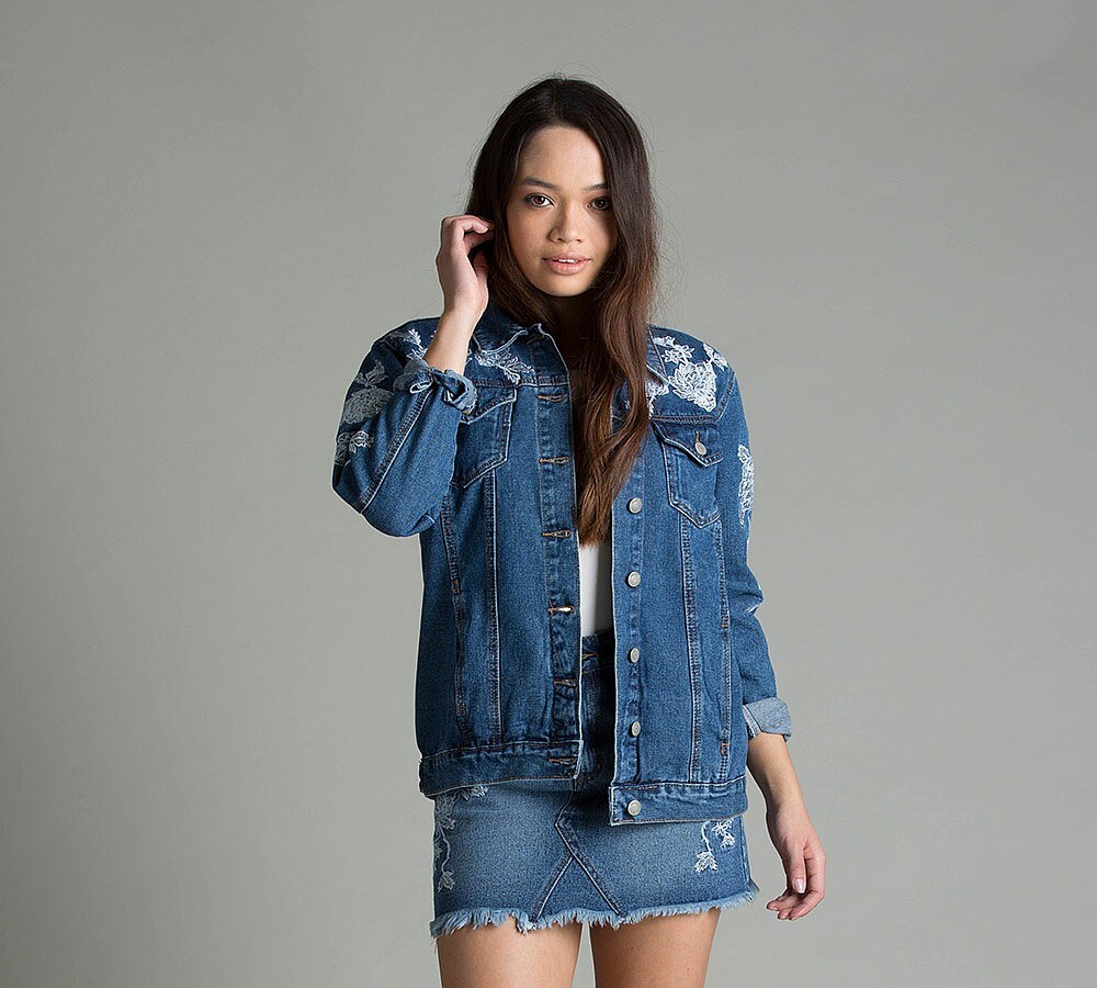 Glamorous Womens Embroidered Denim Jacket Blue Footasylum