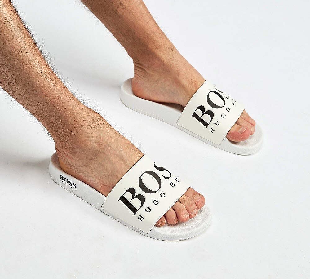 white hugo boss sliders
