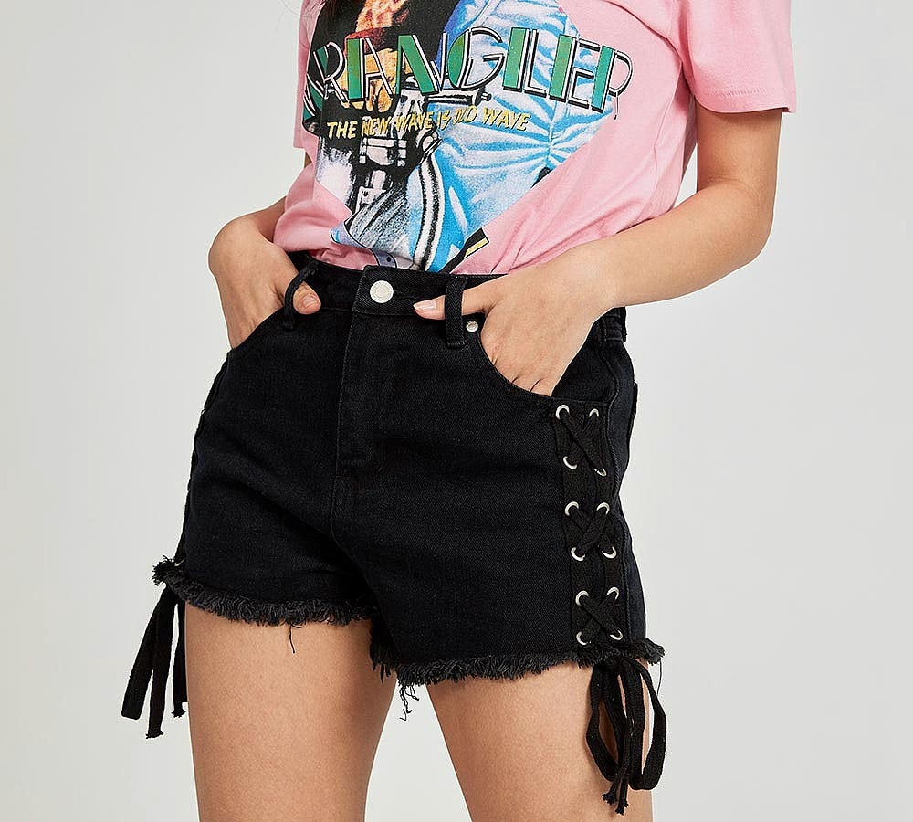 lace up black denim shorts