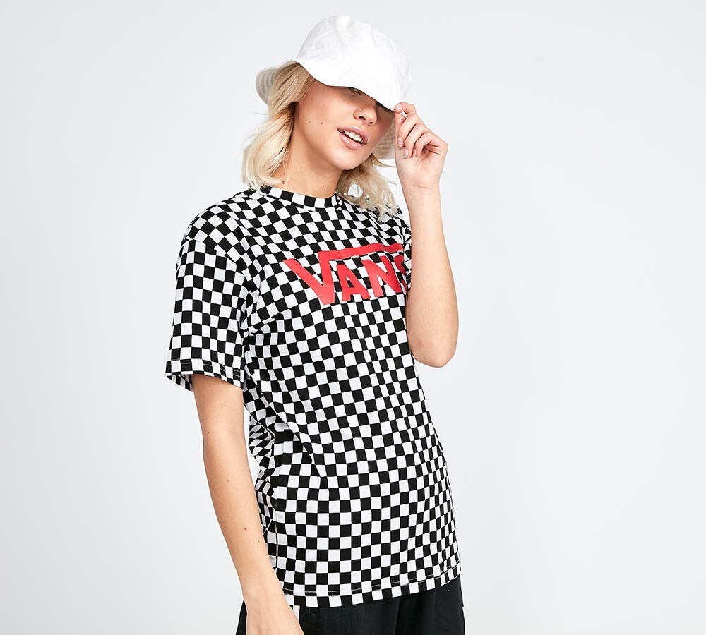 black and white checkered shirt vans