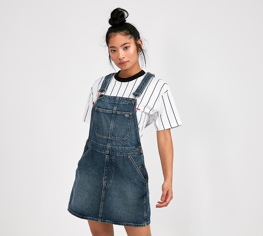 tommy jeans denim dungaree mini dress