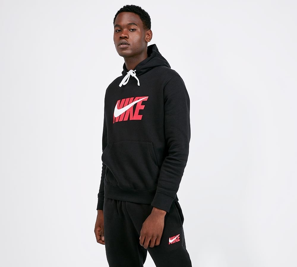 black nike hoodie with red writing