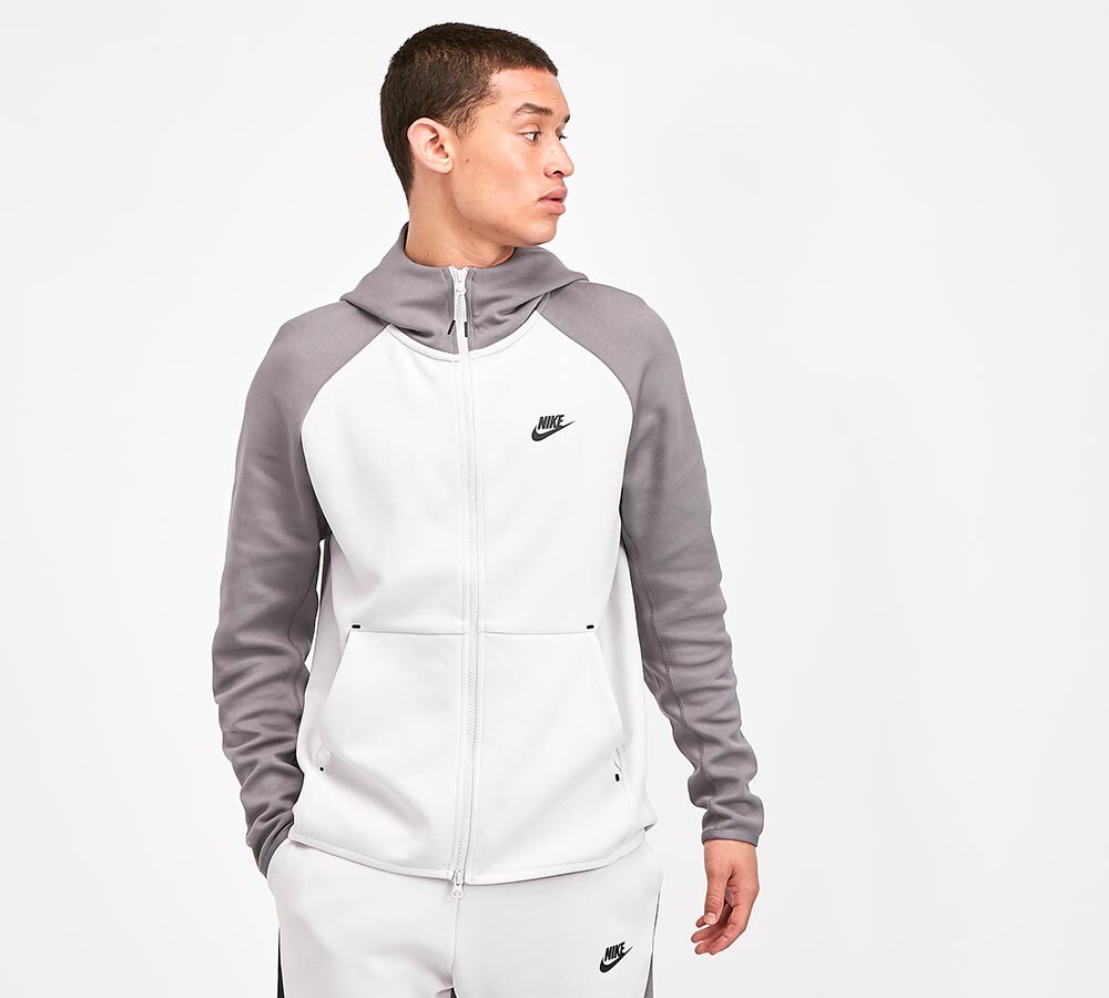 white and grey tech fleece hoodie