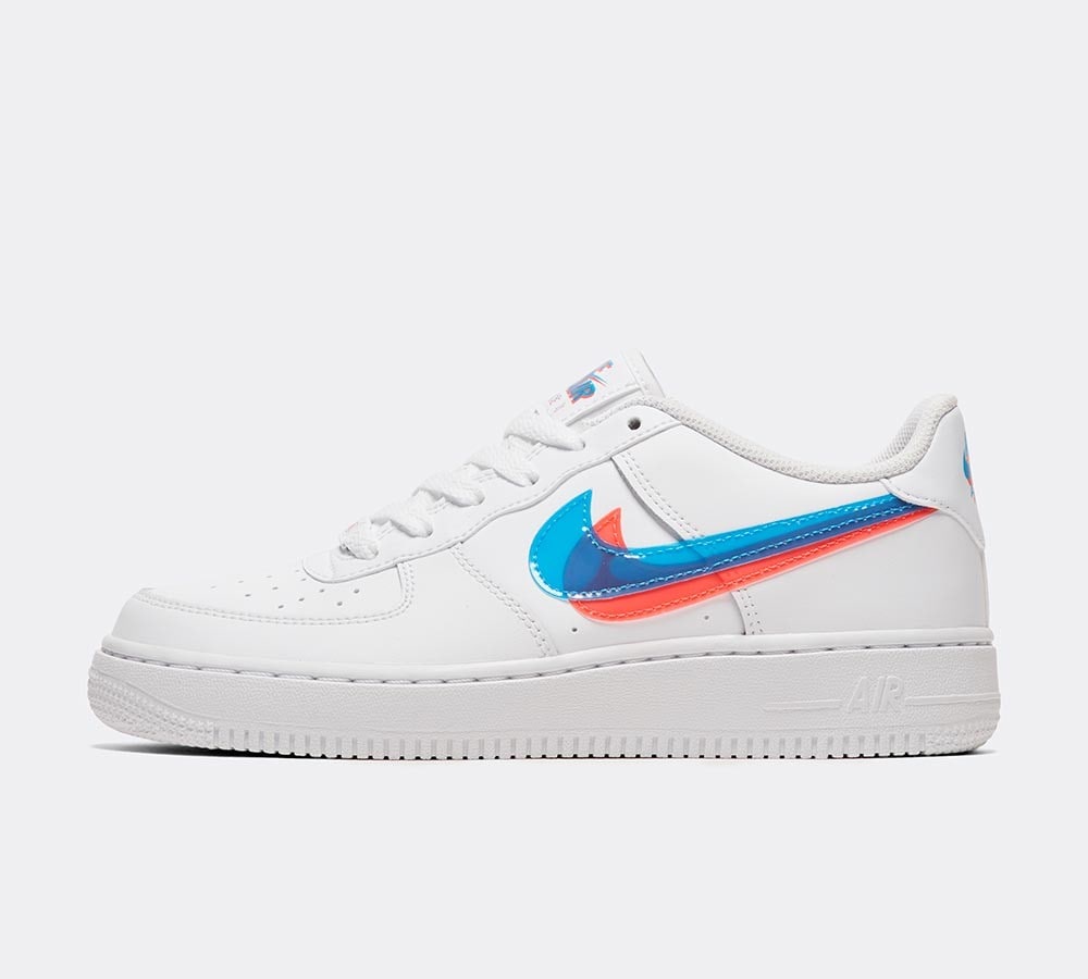 white air forces with pink and blue nike sign