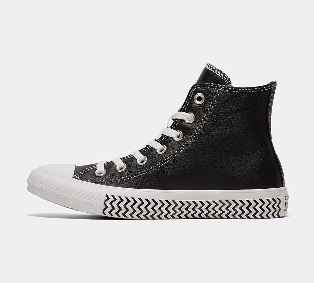 black and white leather high top converse