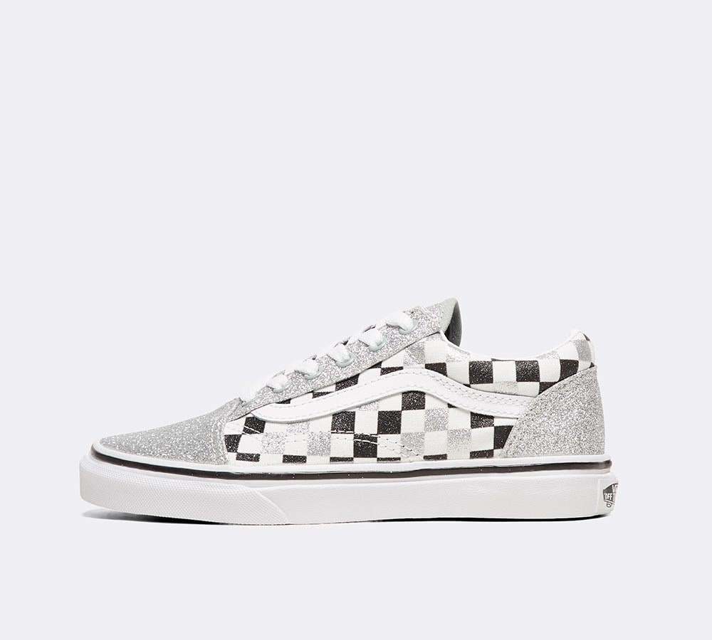 silver glitter checkered vans