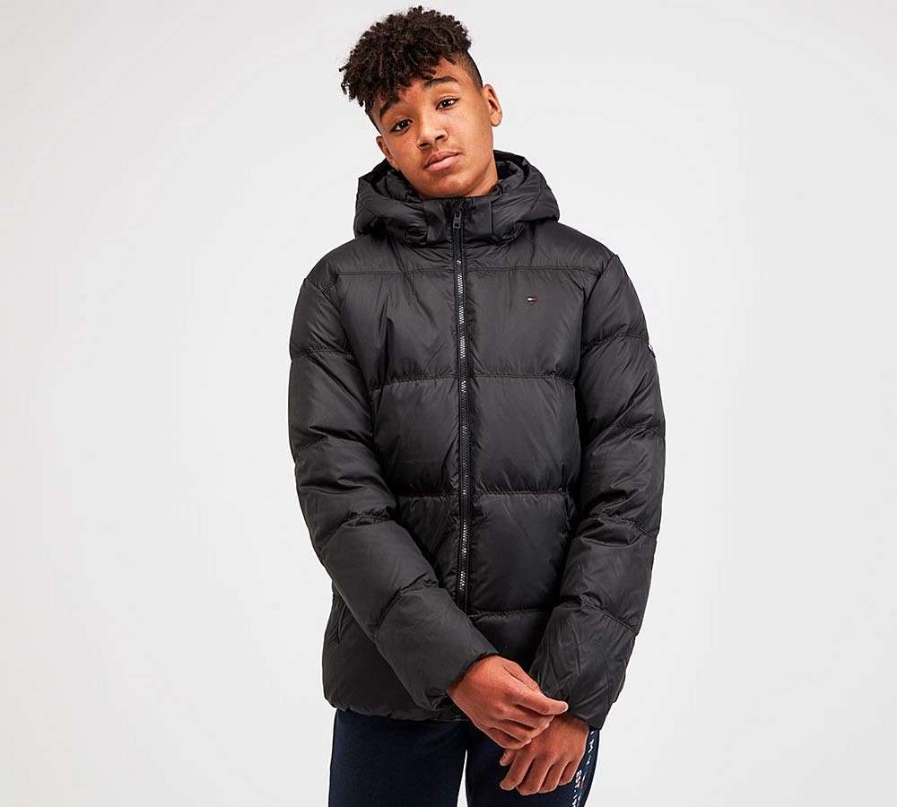 tommy jeans essential puffer jacket with logo in black