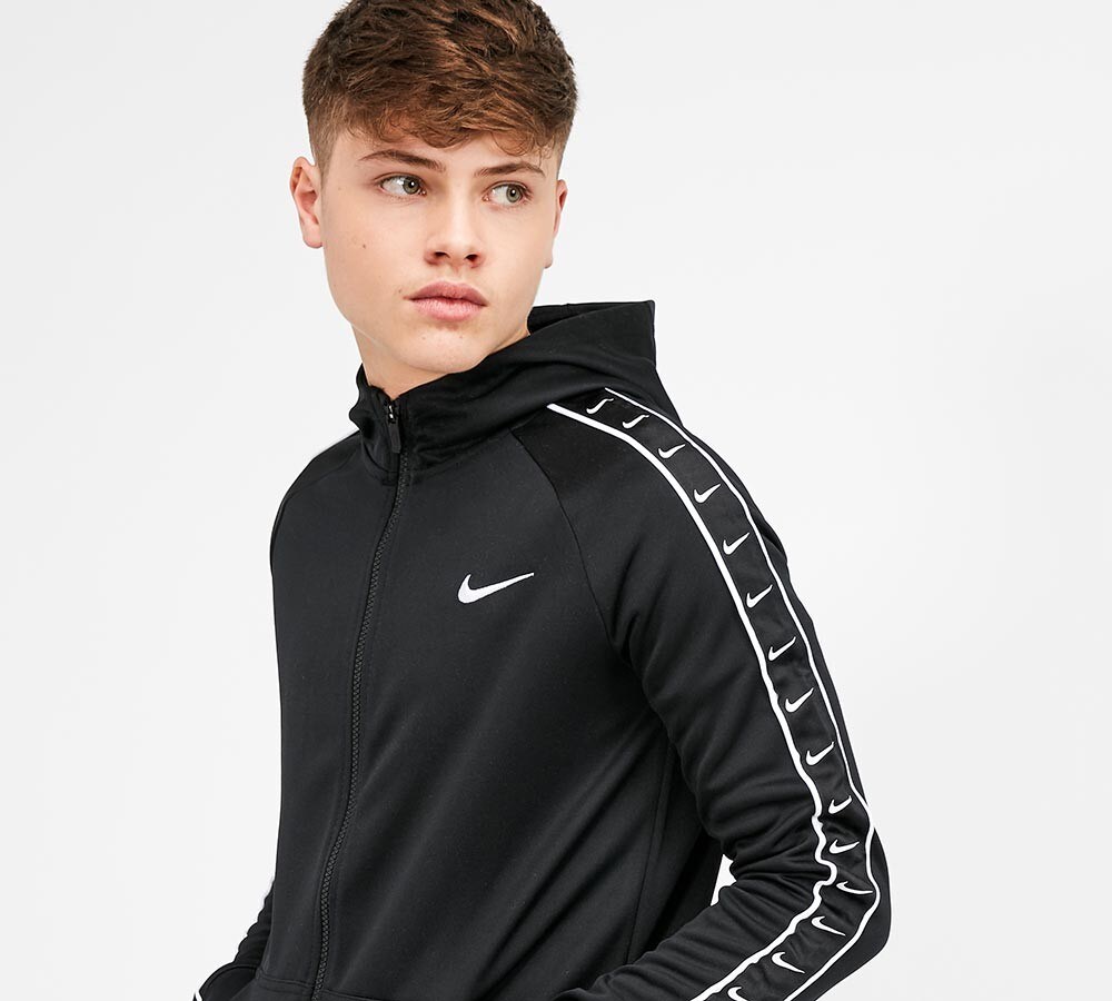 nike swoosh tape hoodie black