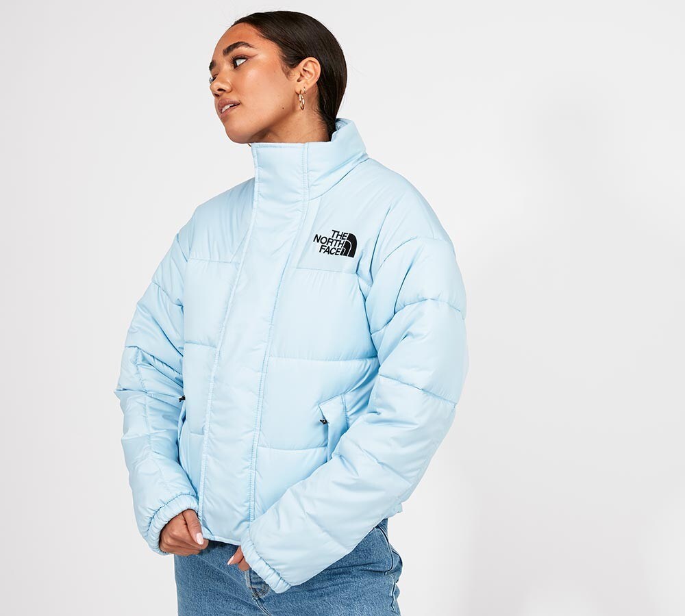 north face white and blue jacket