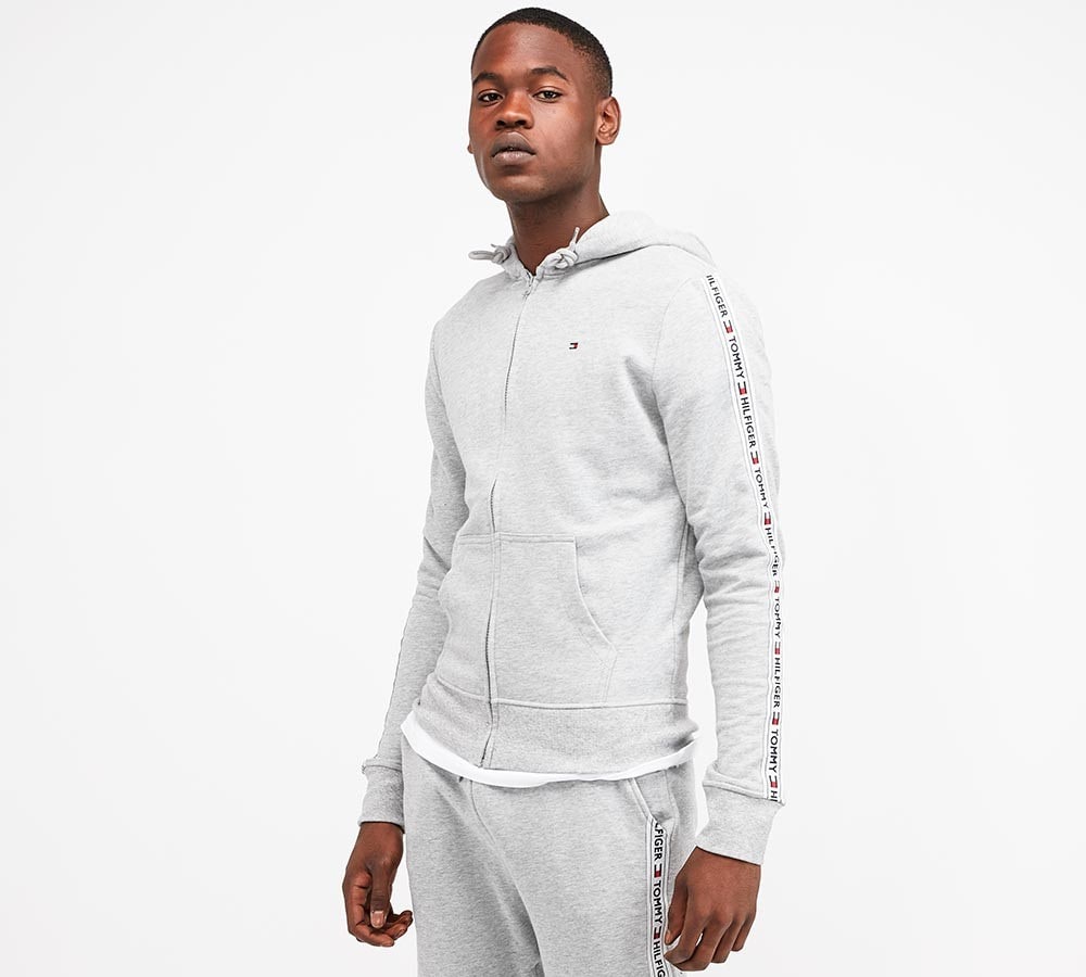 tommy hilfiger taped sleeve grey hoodie