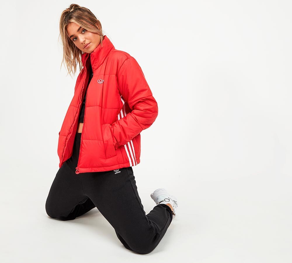 short red puffer jacket