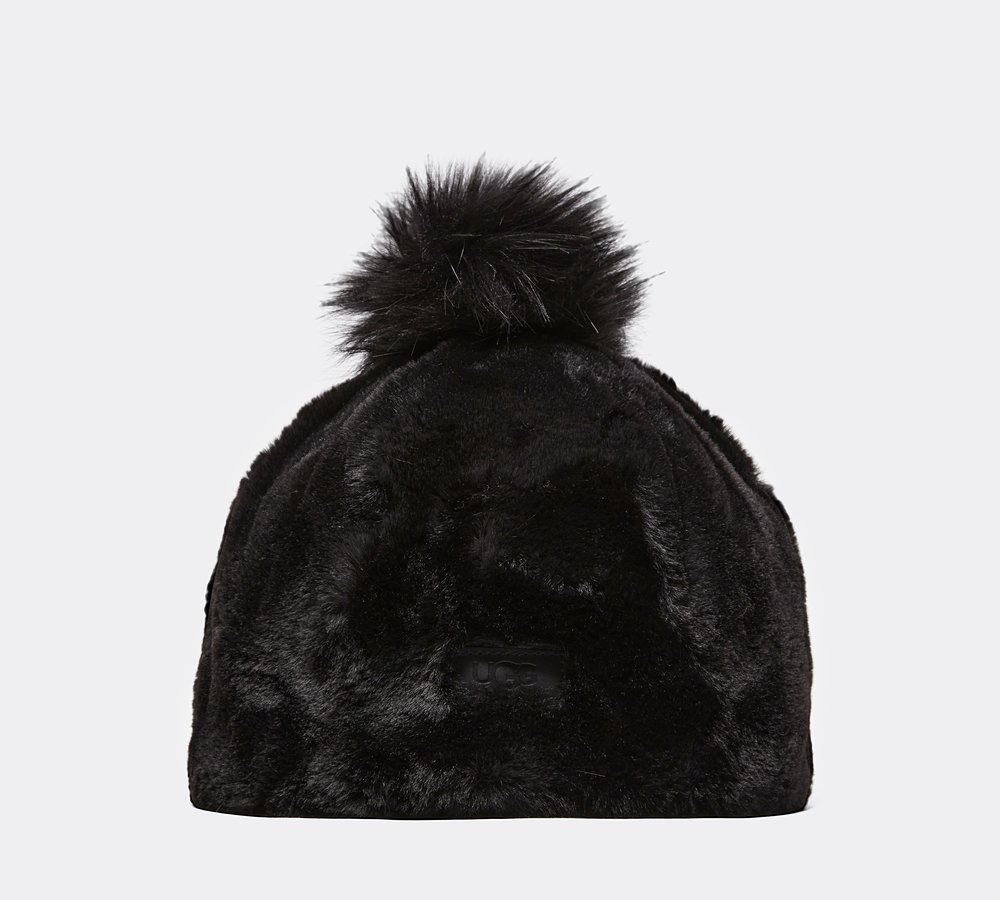 Ugg Womens Faux Fur Pom Beanie | Black 