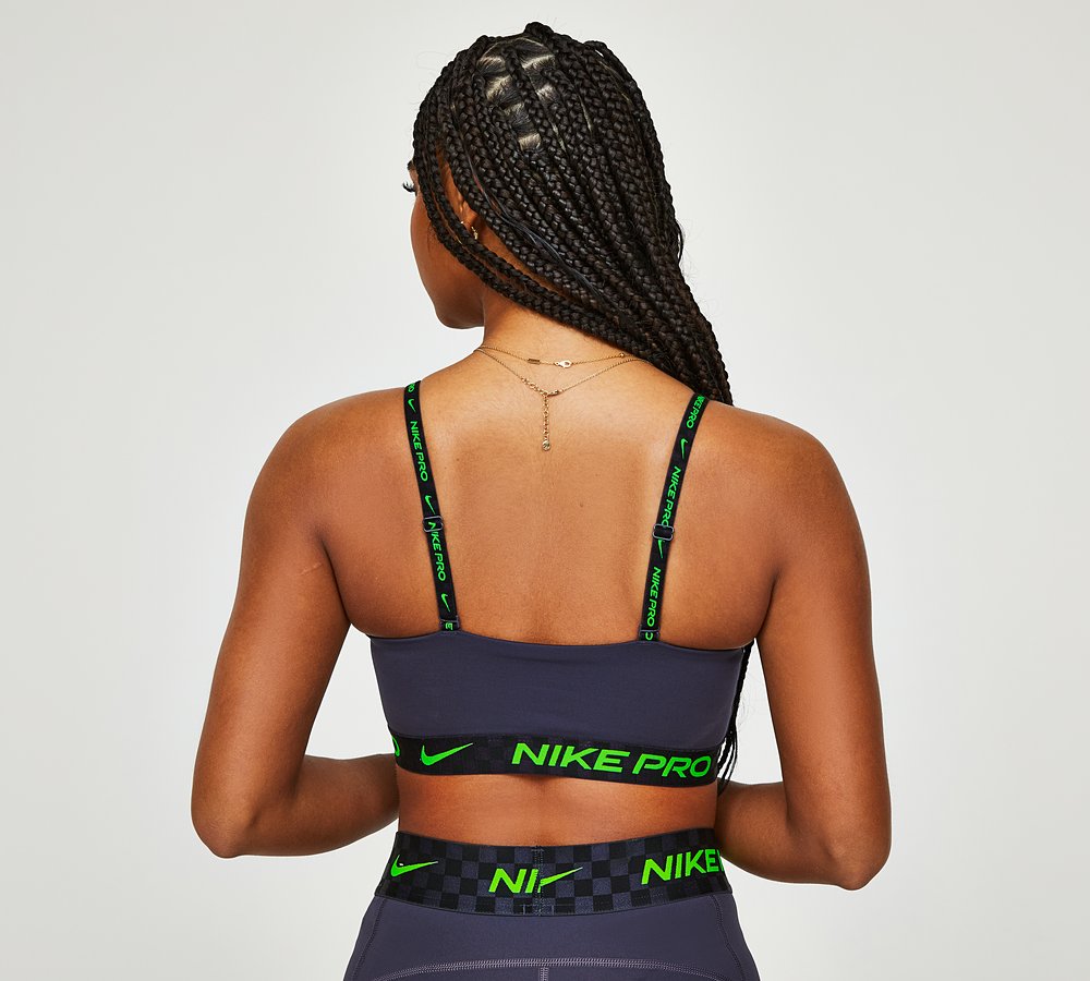 Nike Womens Indy GRX Bandeau Bra Top, Grid Iron / Green Strike