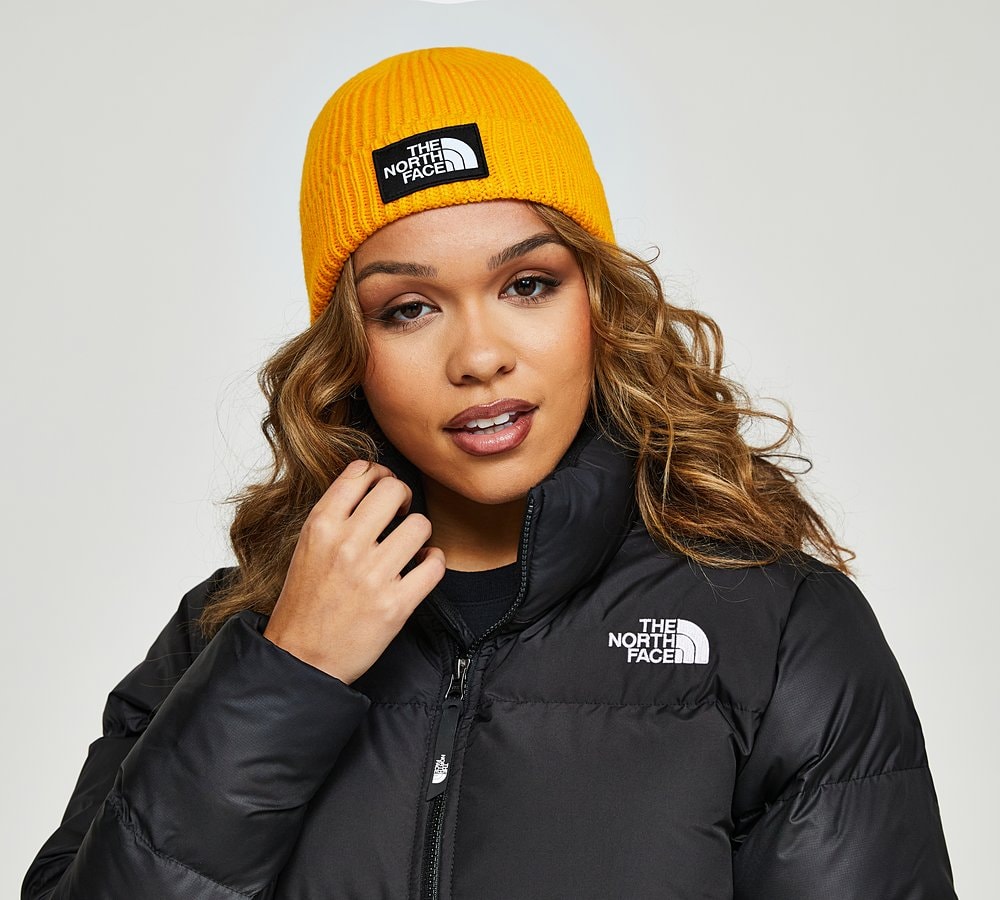 The North Face Logo Box Cuffed Beanie Hat Summit Gold Footasylum