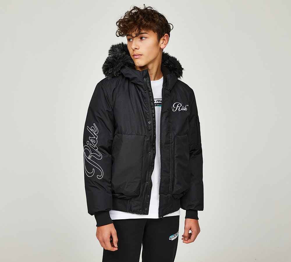 Risk and Reward Junior Control Bomber Puffer Jacket Jet Black Footasylum