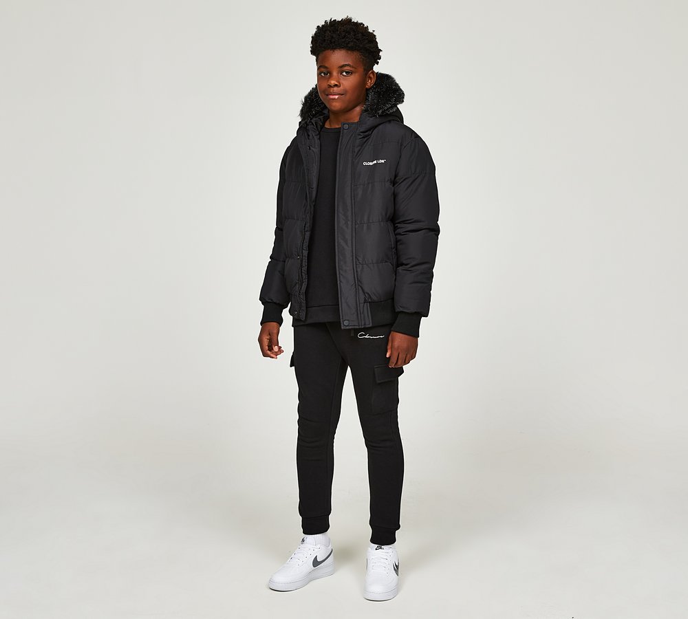 Closure London Junior Faux Fur Hooded Short Puffer Jacket - Black