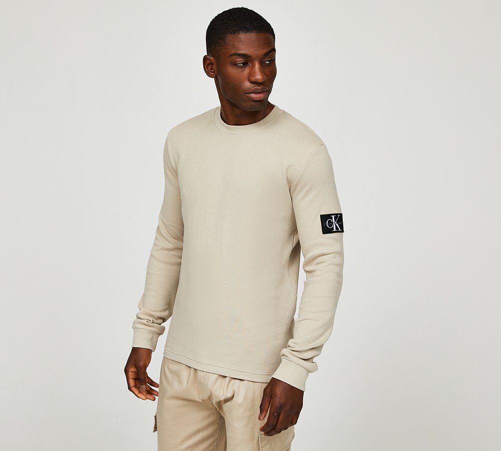 Calvin Klein Jeans Waffle Badge Long Sleeve T-Shirt, Plaza Taupe