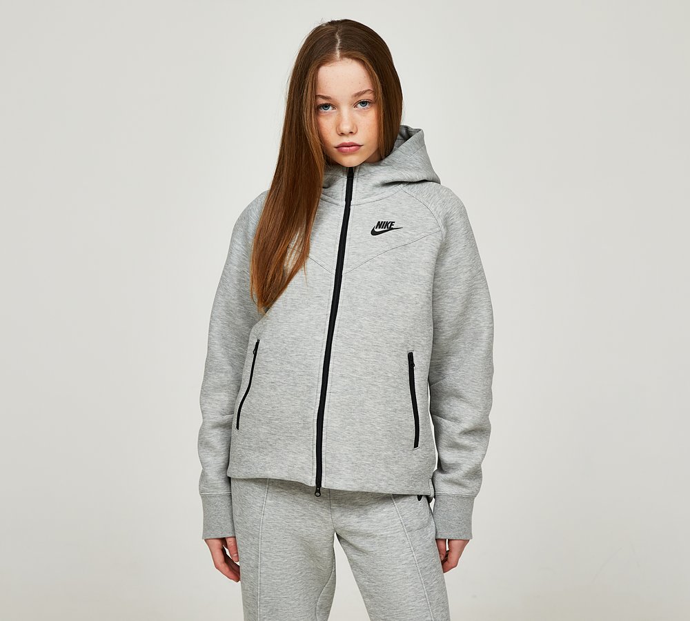 Nike Girls Tech Fleece Full Zip Hoodie, Dark Grey Heather