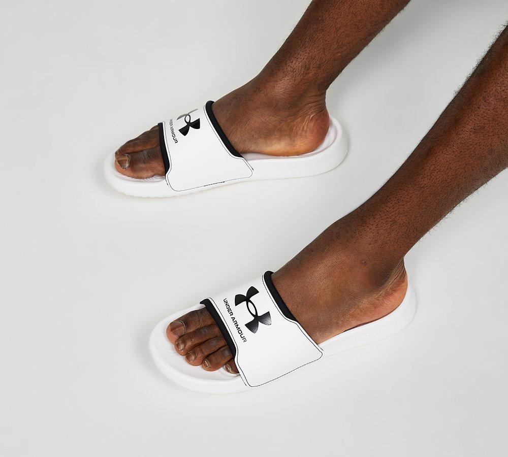 Mens white under armour slides sales