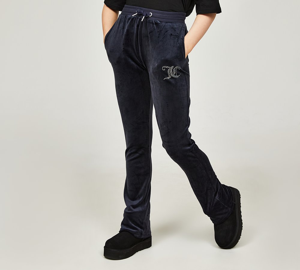 Juicy Couture Girls Diamante Zip Through Velour Hoodie & Bootcut Bottoms  Set - Night Sky Navy