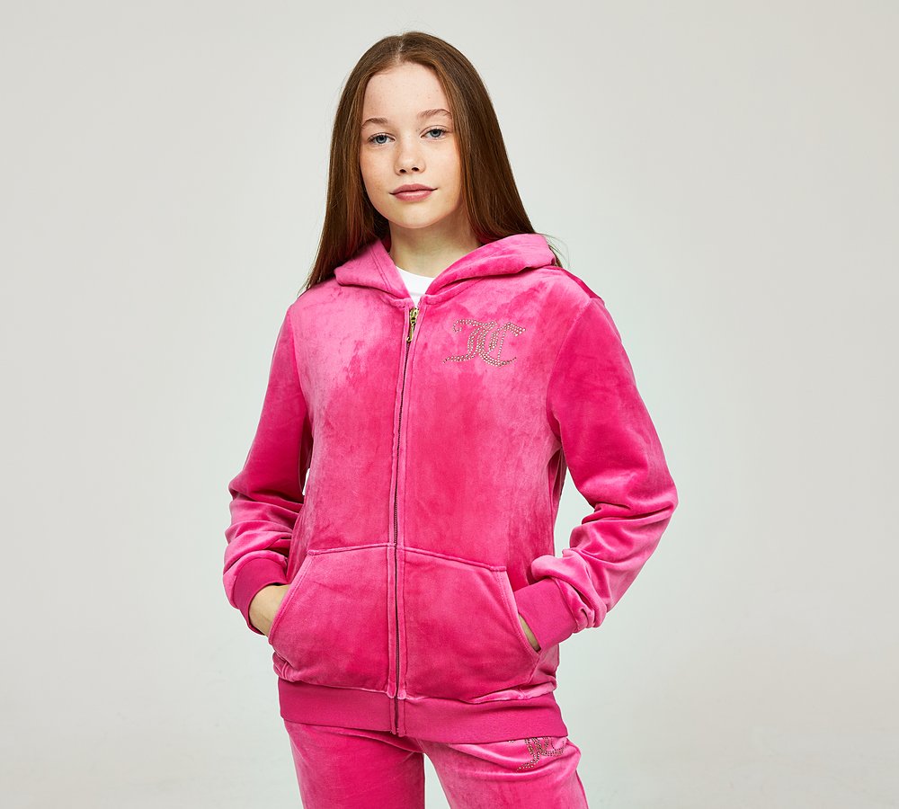 Juicy Couture Girls Diamante Velour Full Zip Hoodie, Fuchsia Purple