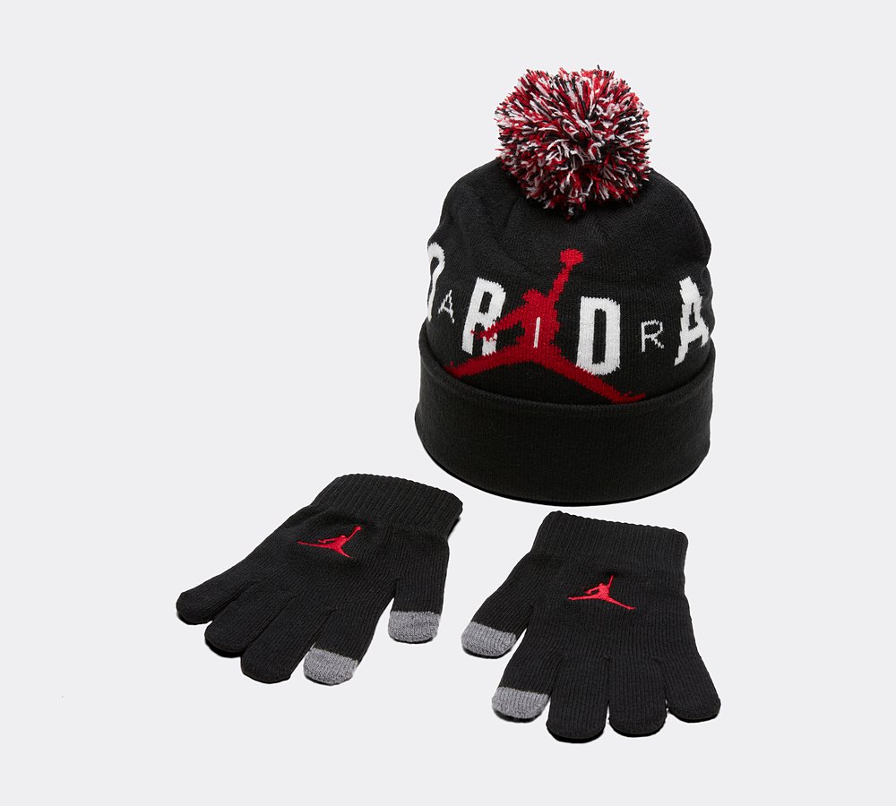 Jordan Junior HBR Pom Beanie Set Black Footasylum