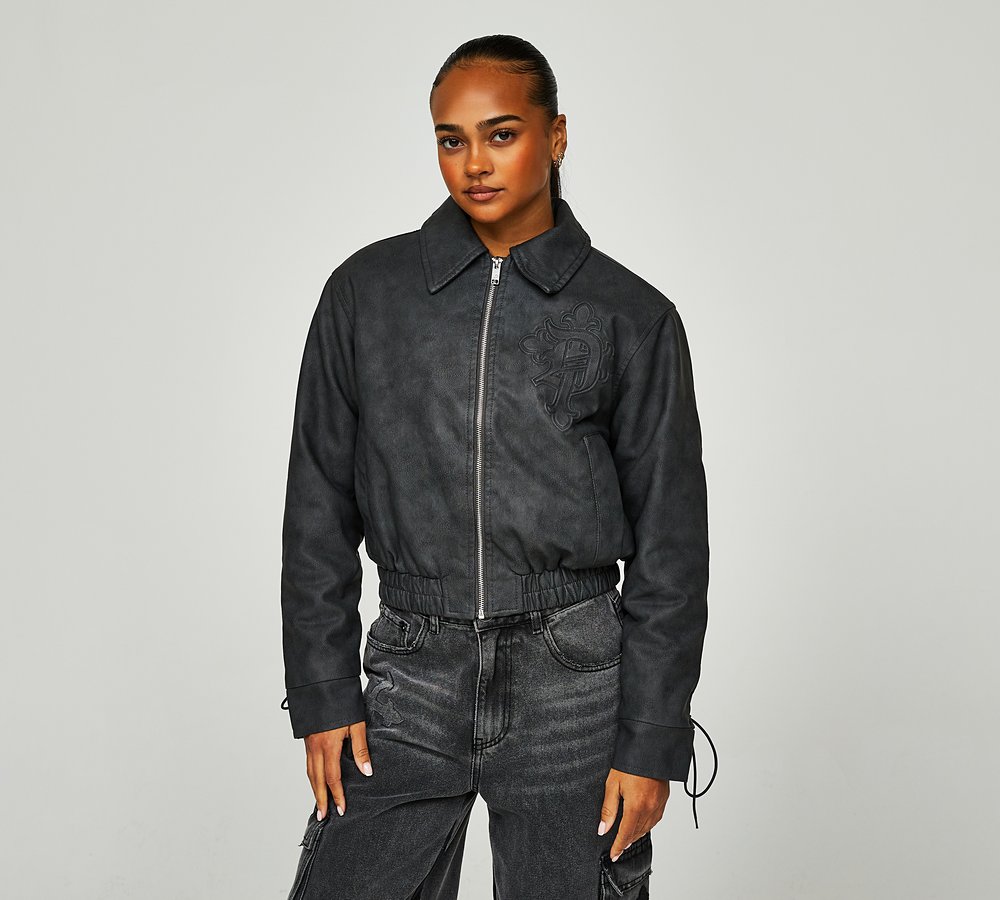 Dripmade Womens Obscure Cropped Faux Leather bomber Jacket Distressed Black Footasylum
