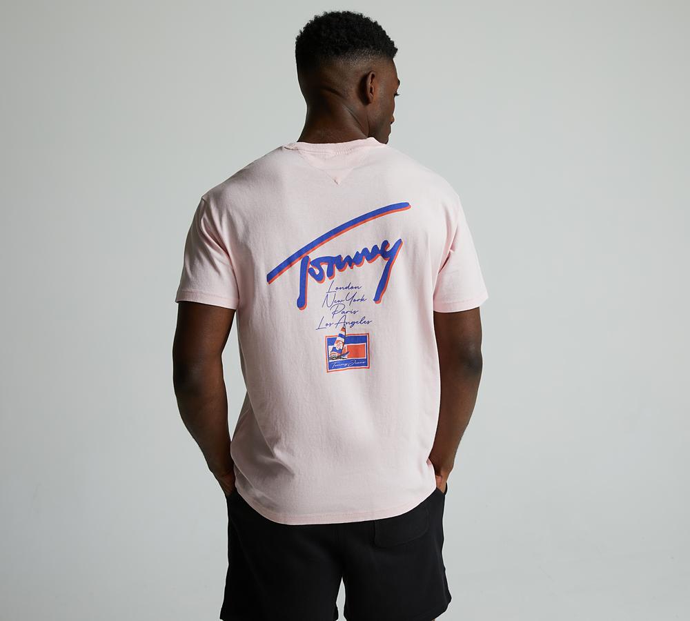 Tommy Jeans Men's Pink Faded Graphic T-Shirt - Medium