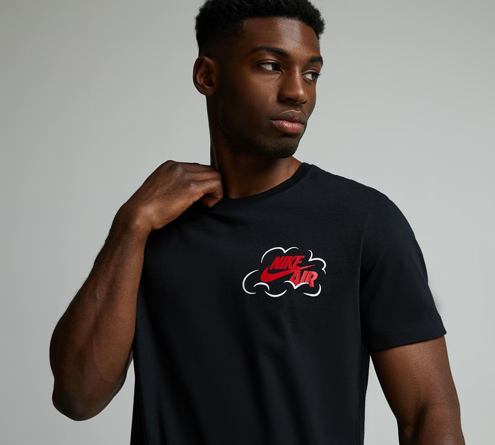 black nike shirt with red logo