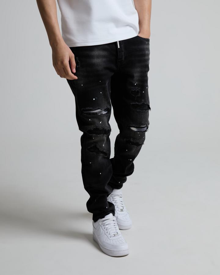 Lorenzo Men's Slim Fit Jeans - Black - Size 30 - Leather Patch