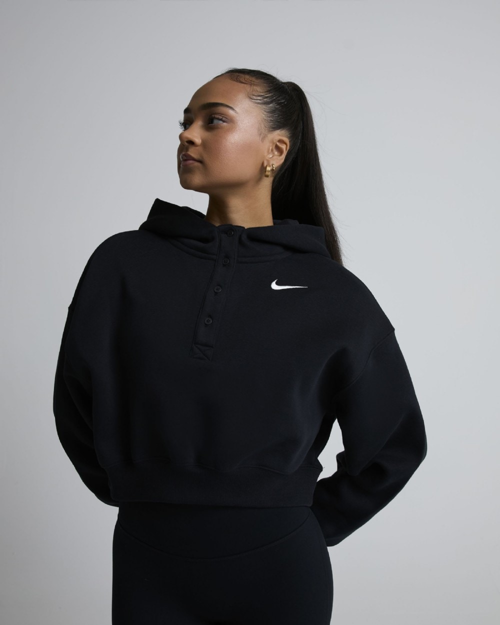 Nike Womens Phoenix Fleece Oversize Crop Henley Hoodie Black, Women's size: XS, FootAsylum
