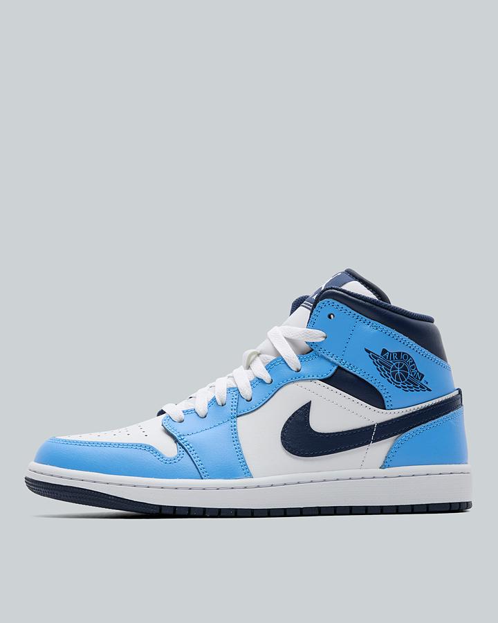 Jordan 1 Mid Trainer Midnight Navy / University Blue / Summit White., Men's size: 8.5, FootAsylum