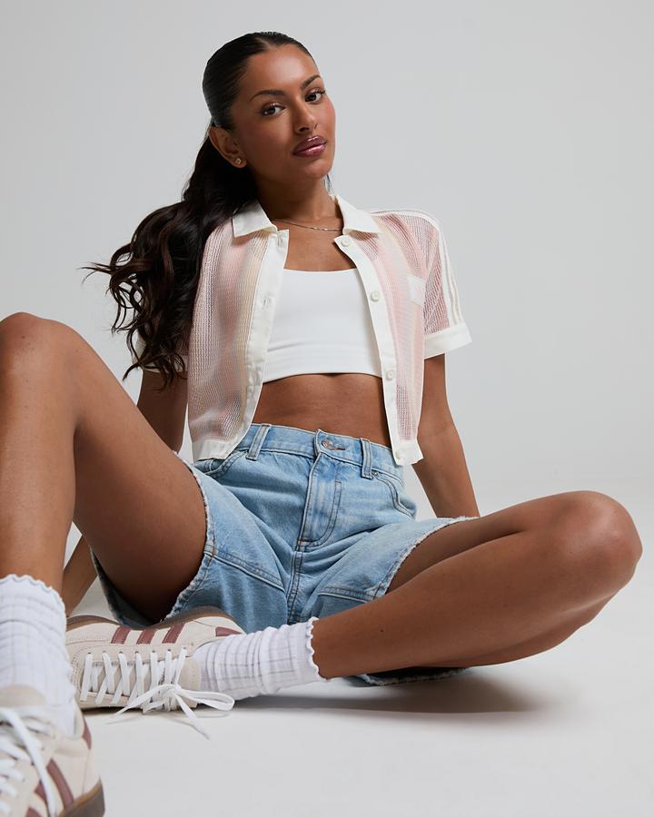 Adidas Originals Womens Summer Glow Knit Striped Crop Polo Pink, Women's size: L, FootAsylum