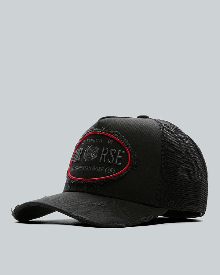 Christian Rose Iconic Oval Plate Trucker Cap Black, Men's size: ONE SIZE, FootAsylum