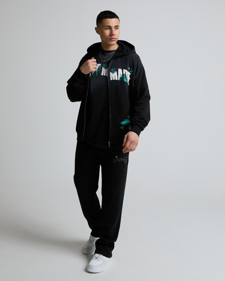 flex hood ダメージスキニー　uk us drip hiphop Dripmade Selfmade Paint Splatter Zip Through Hoodie | Black