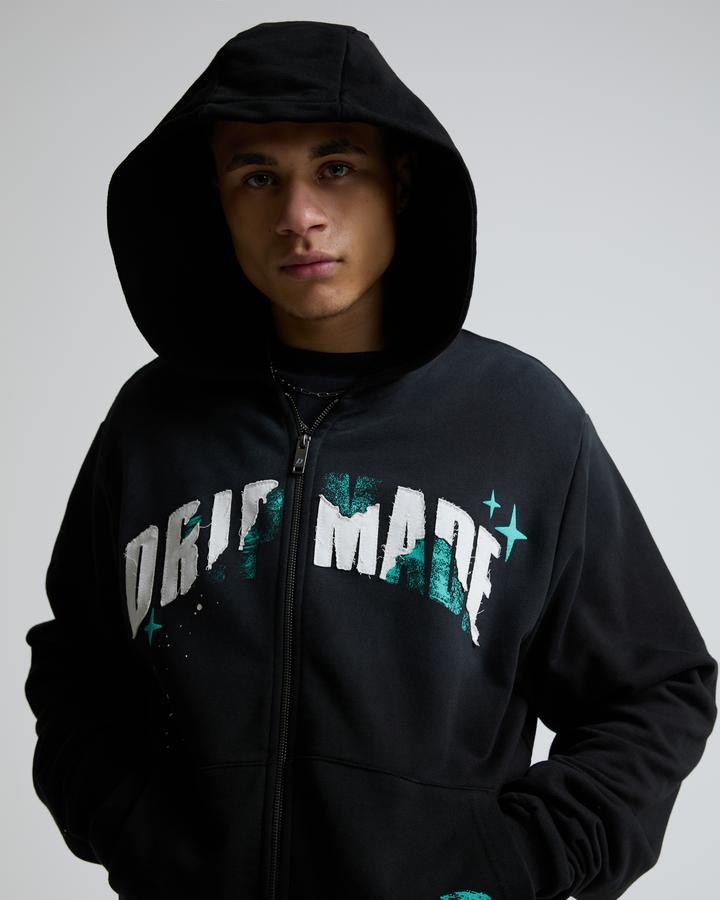 Dripmade Selfmade Paint Splatter Zip Through Hoodie | Black