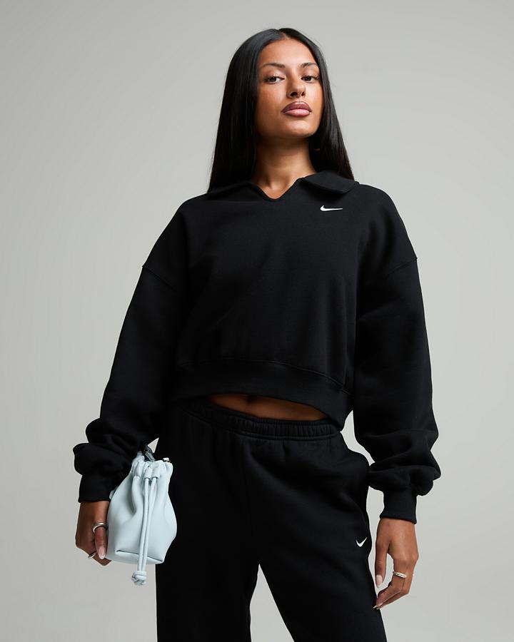 Nike Womens Studio Fleece Oversized Crop Polo Black, Women's size: XS, FootAsylum