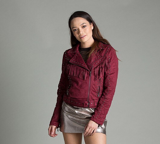 Glamorous Womens Studded Tassel Suede Biker Jacket