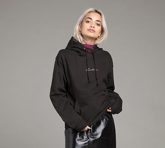 Audere Couture Womens Boyfriend Fit Script Hooded Top