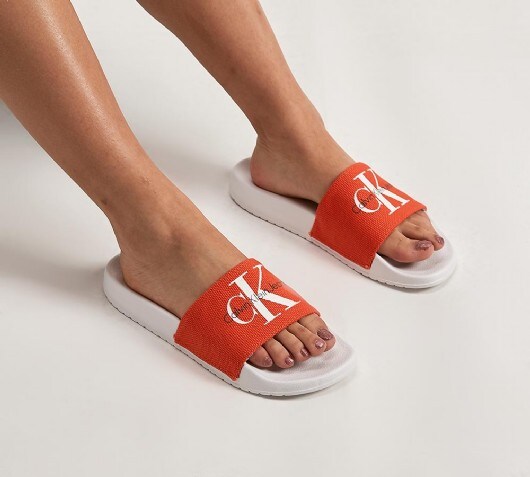 red calvin klein slides