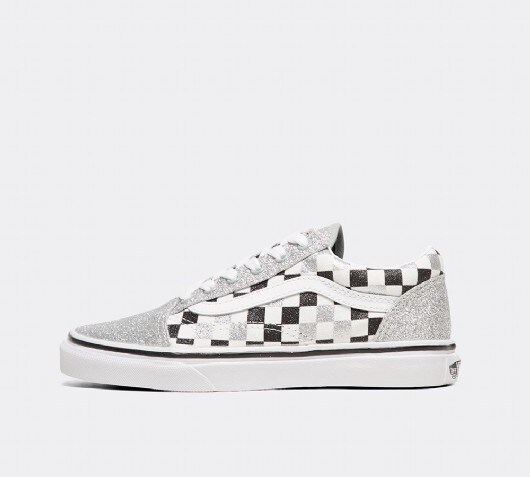 white and silver checkerboard vans