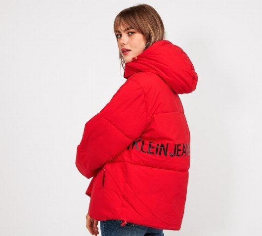 calvin klein red puffer coat
