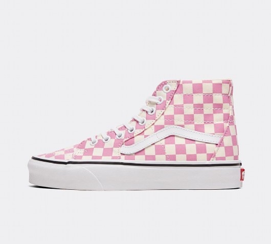 pink and white checkered high top vans