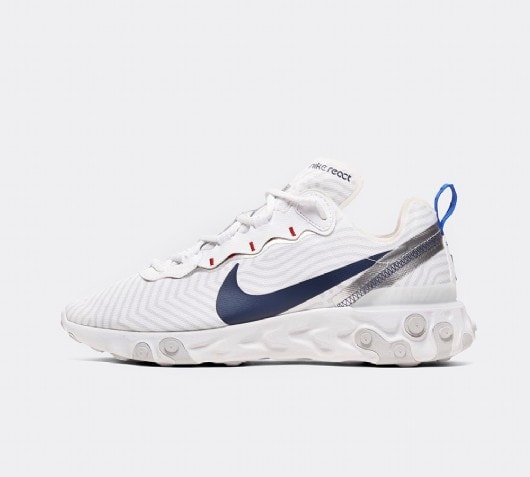 nike react element 55 trainers in white and blue