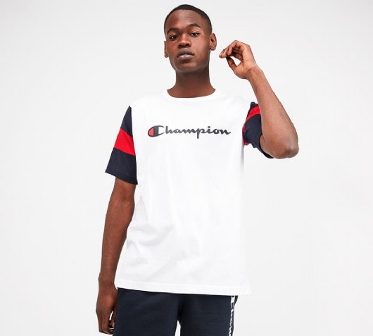 white & red champion shirt