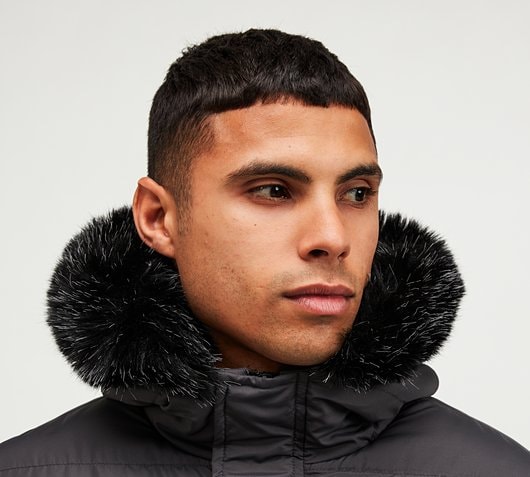 longline puffer coat with fur hood