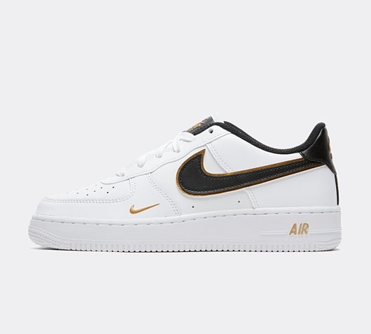 Nike Junior Air Force 1 Low Trainer | White / Black / Gold | Footasylum