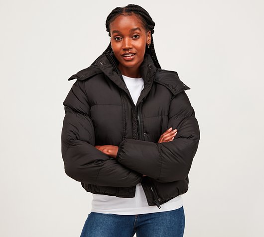 Black Peach Skin Cropped Bubble Puffer Jacket